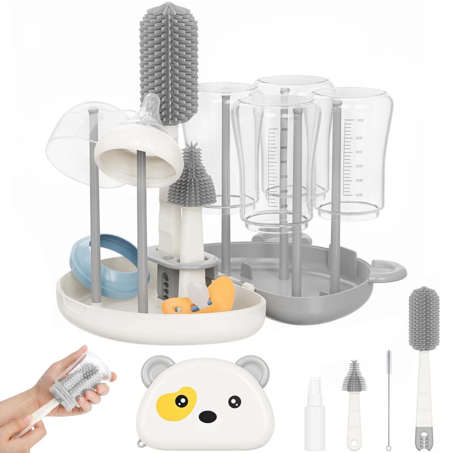 Baby Bottle Brush Set - 7 in1 Travel Bottle Cleaner Kit with Silicone Brush, Nipple Brush, Straw Brush, Bottle Drying Rack, Soap Dispenser, Storage Box, Baby Travel Essential Gift for Parents (Grey)