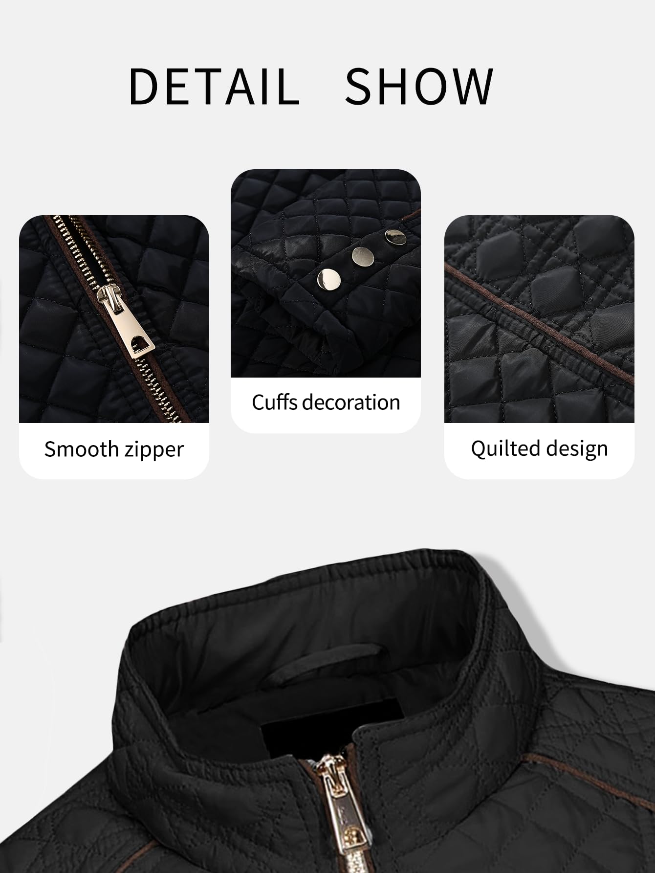 Bellivera Women's Stand Collar Lightweight Quilted Puffer Jacket Padded Zip Coat for Spring and Winter 087 black S