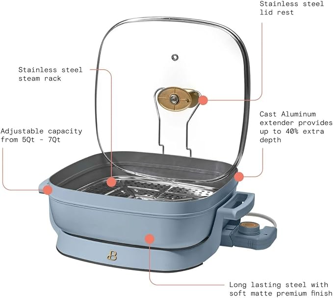 Beautiful 5-in-1 Electric Skillet 7QT, Cast Aluminum Extender, Nonstick, 1500W, Dishwasher-Safe Lid, Slow Cook, Steam (Cornflower Blue)