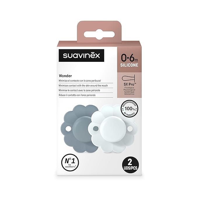Suavinex Wonder Baby Pacifier, SX Pro Silicone Nipple, Reversible, Non Irritating Shield Design, 2 Pk Pacifiers 0-6 Months, Made in Europe, Lake/Blue