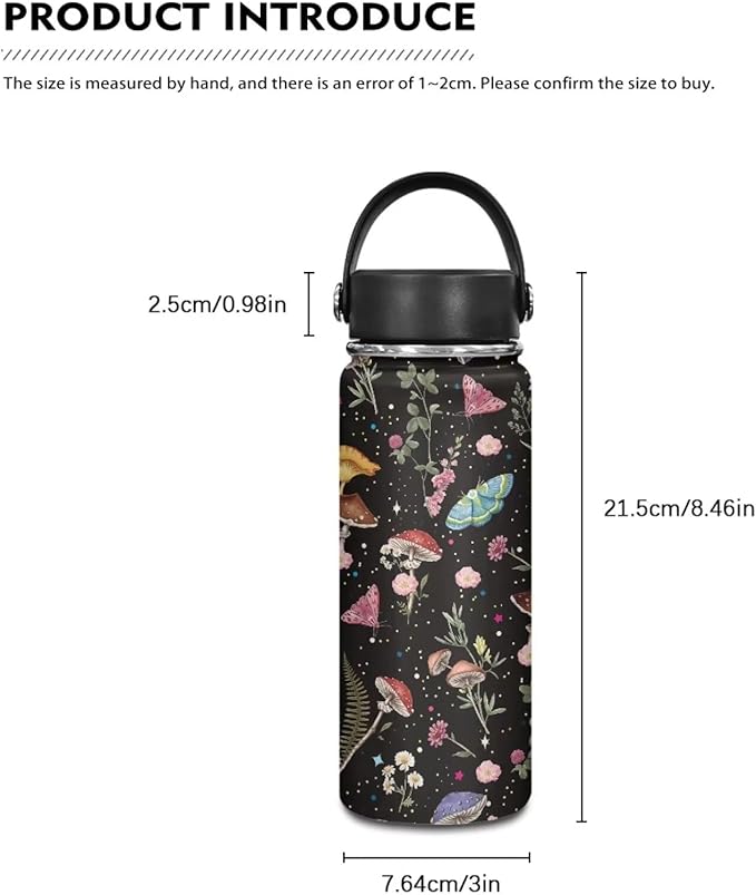 Wild Mushoom Water Bottle 20 Oz for Women Insulated Water Bottles with Handle Flask Wide Mouth Bottle Vacuum Stainless Steel Metal Water Bottle