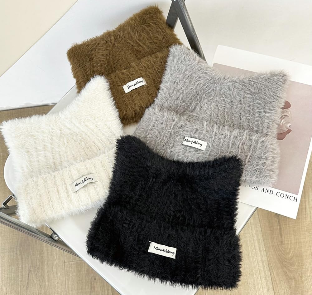 Women Winter Y2K Cute Cat Ears Hats Slouchy Plush Knitted Beanie Snow Ski Hat Fuzzy Warm Crochet Skull Cap 2025