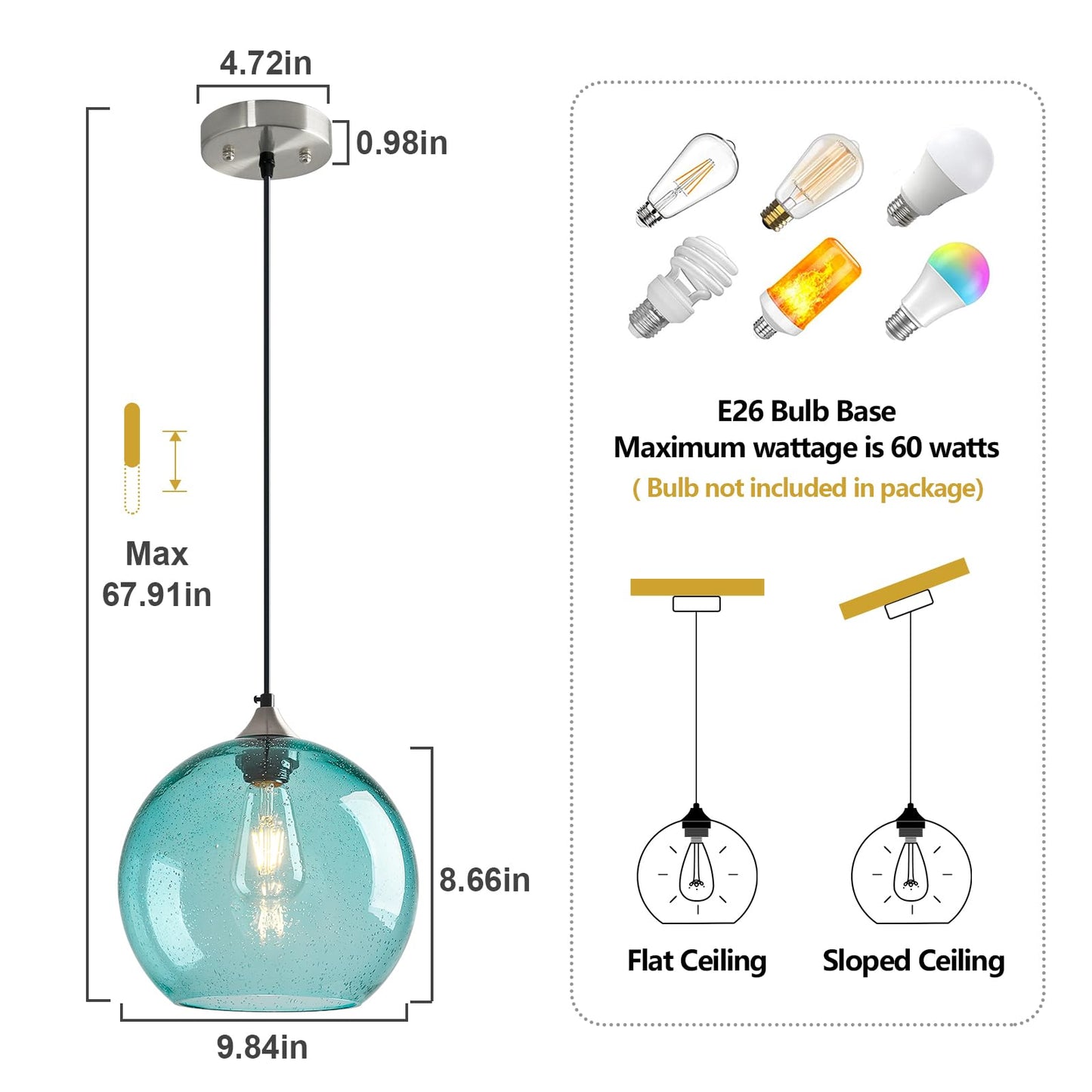 Lbsqj Light Blue Glass Pendant Lights Kitchen Island Globe Pendant Light Fixtures Modern Pendant Lighting For Bedroom Living Dining Room Light Fixture (9.84 In  2 Pack)