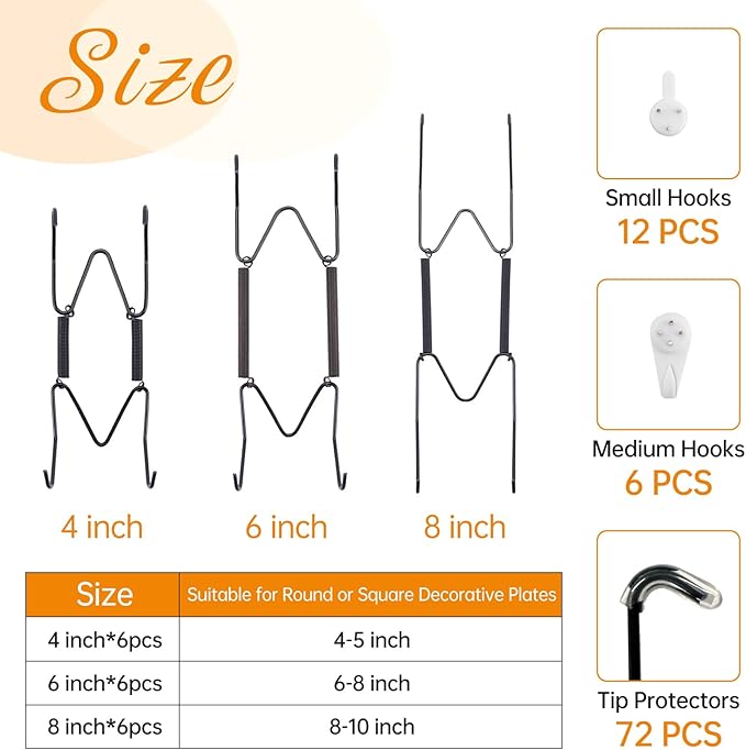 Bilillo 18-Piece Strong Stainless Steel Plate Hangers Set, Invisible 4/6/8 Inch Wire Holders with Wall Hooks for 4–10 Inch Decorative, Antique & Ceramic Plates and Artwork (Black)