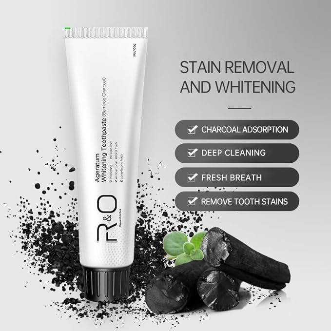 R&O Ageratum Whitening Toothpaste with Bamboo Charcoal, 3.53 oz - Great for Teeth Whitening, Removes Stubborn Stains, Long - Lasting Fresh Breath, Reduces Plaque, Promotes Oral Health