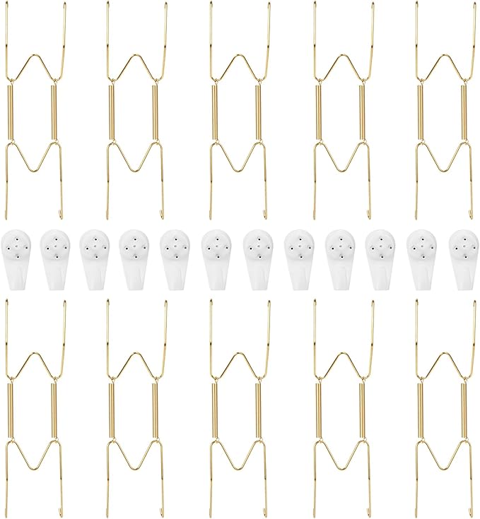 10-Pack Invisible Wall Plate Hangers, 8 Inch Brass Plate Holders with 12-Pack Wall Hooks