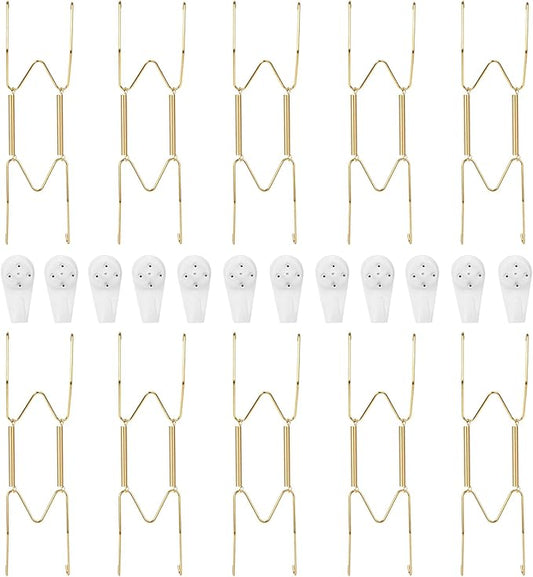 10-Pack Invisible Wall Plate Hangers, 8 Inch Brass Plate Holders with 12-Pack Wall Hooks