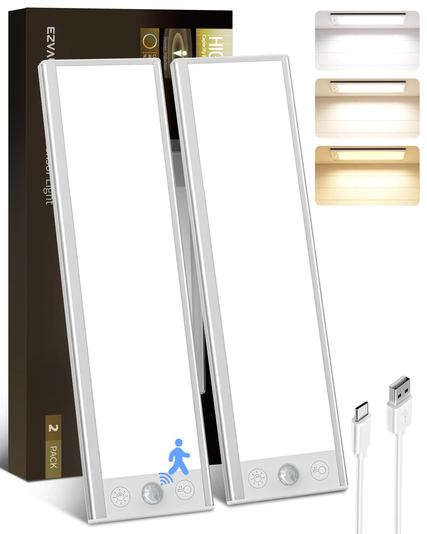 Ezvalo 3000Mah Under Cabinet Lighting Wireless  150Lm Super Bright Motion Sensor Light  Rechargeable Under Counter Lights For Kitchen  Dimmable Closet Light With 3-Inch Ultra-Wide Panel 2Pack