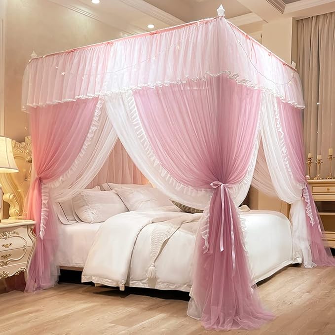Mengersi Canopy Bed Curtains with Lights,4 Corner Bed Canopy Royal Luxurious Bed Drapes Netting,Princess Bed Curtains for Girls Adults Bedroom Decoration (Pink, King)