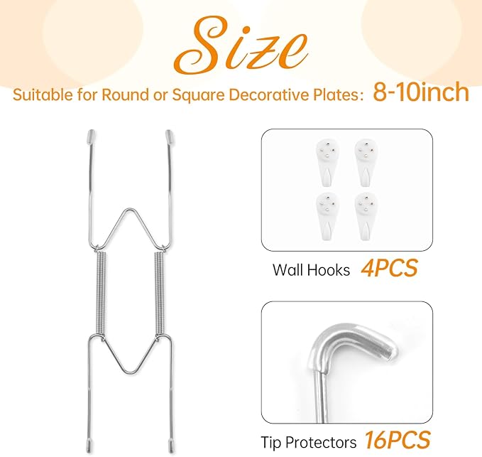 4 Pack Plate Hangers for The Wall, Suitable for 8-10 inch Art Plate, Stainless Steel Invisible Heavy Duty Wire Plate Holder with Wall Hooks, Plate Hangers for Displaying Plates, Platter, Dish, Silver