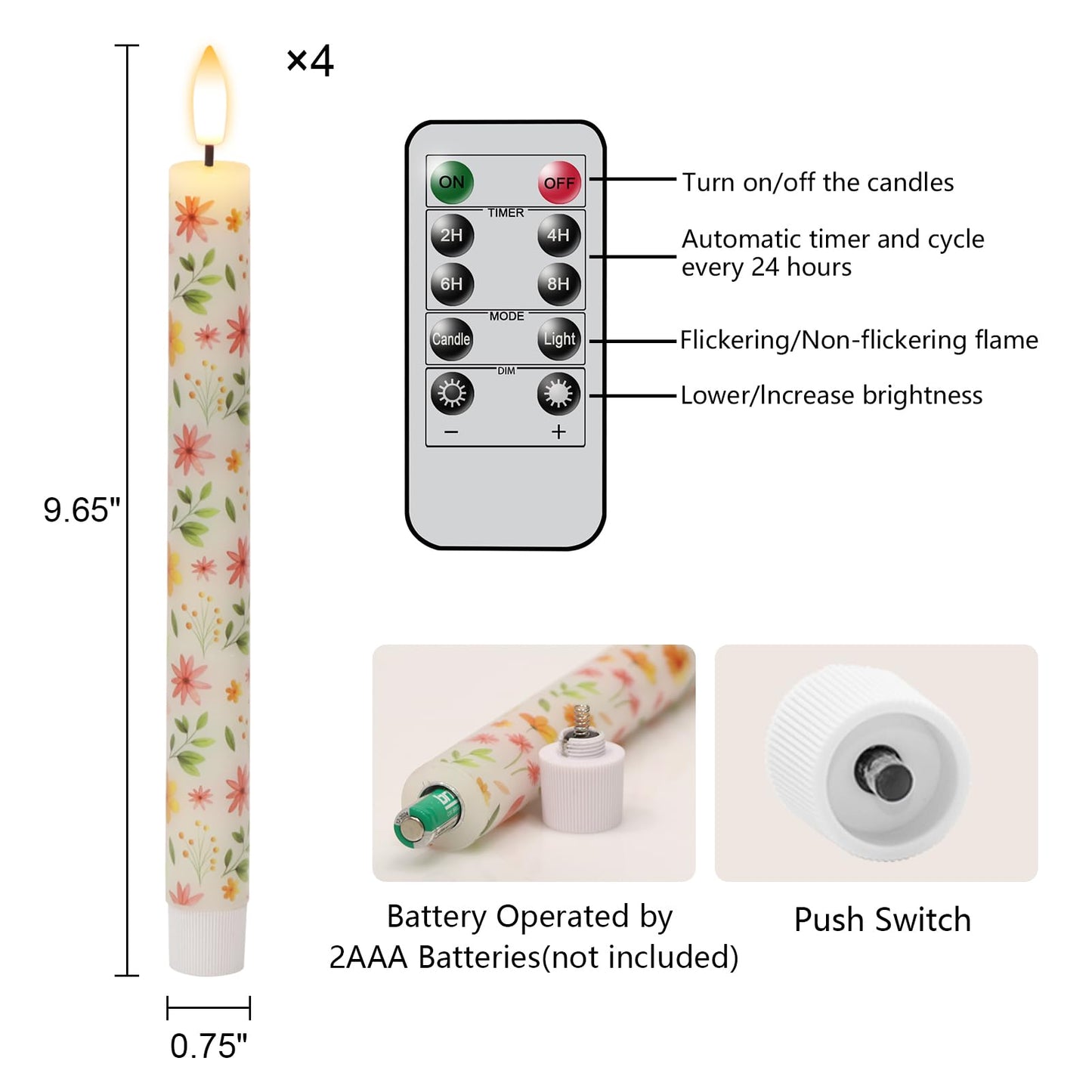 KunSwenn Flameless Taper Candles, Real Wax Flickering Taper Candles Battery Operated with 3D Wick, 4 Pcs White LED Flameless Candlesticks for Halloween Christmas Holiday Wedding Decor