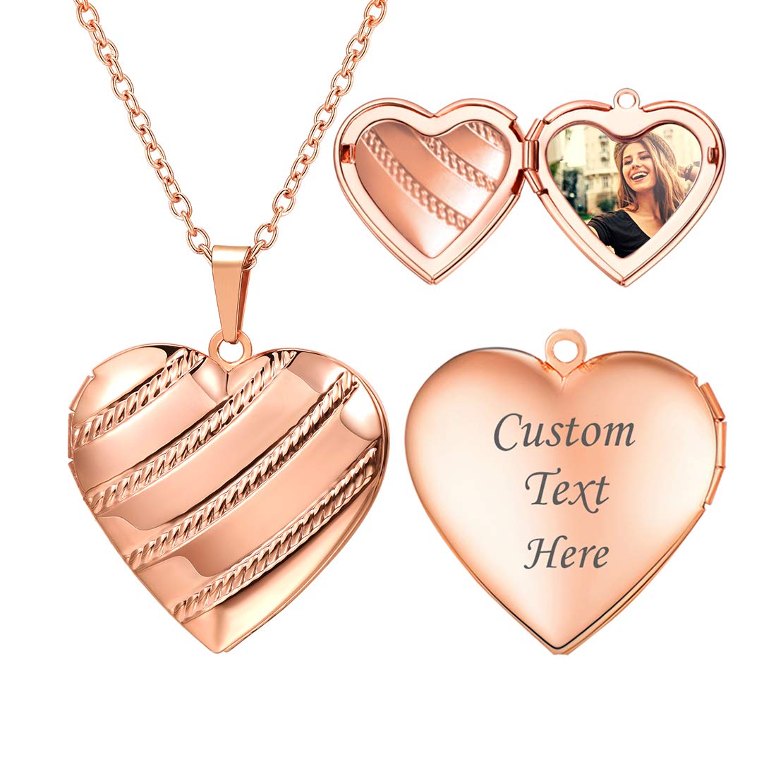 U7 Memorial Photo Locket Necklace Women Rose Gold Plated Stripe Heart Pendant with Chain 20 Inch