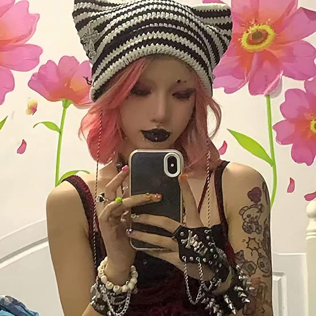 Y2k Beanies Crochet Knitted Cat Hats Goth Cross Devil Hat Striped Alt Emo Accessories Grunge Y2k Aesthetic Clothes (Gray,One Size)