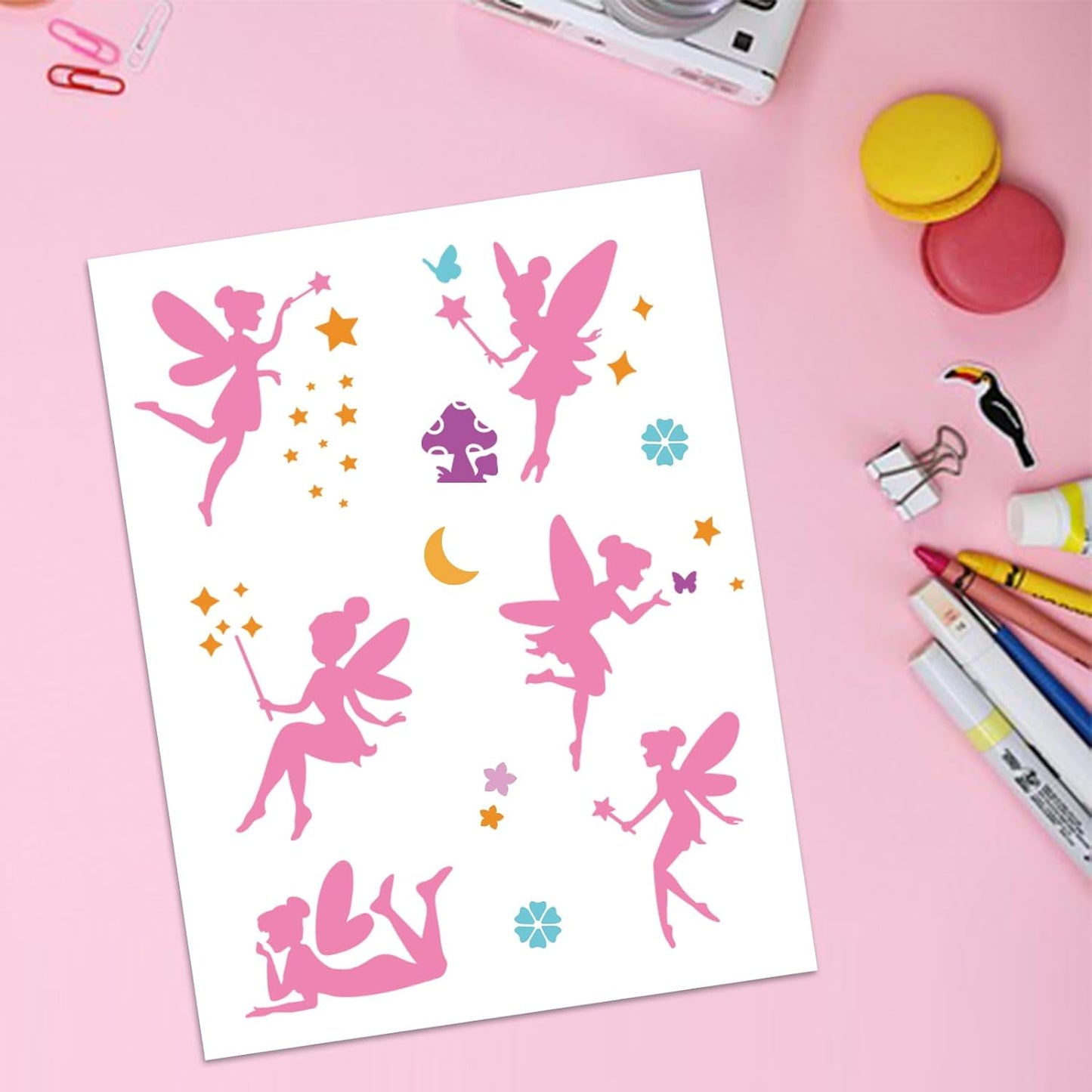 MAYJOYDIY 6pcs Fairy Stencils Little Fairy Drawing Painting Stencils Dreamy Mushroom Butterfly Moon Star Flower Template 6×6inch with Paint Brush Wall Art DIY Home Decor