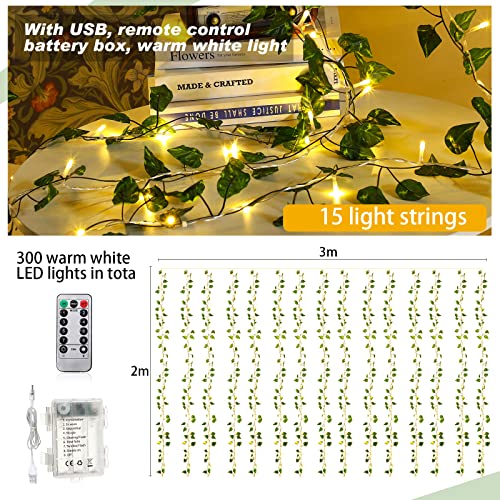 Unittype 15 Pcs 6.6 ft 300 LED Fake Ivy Vines Window Curtain String Light for Bedroom, Artificial Hanging Ivy Vines Plant ...