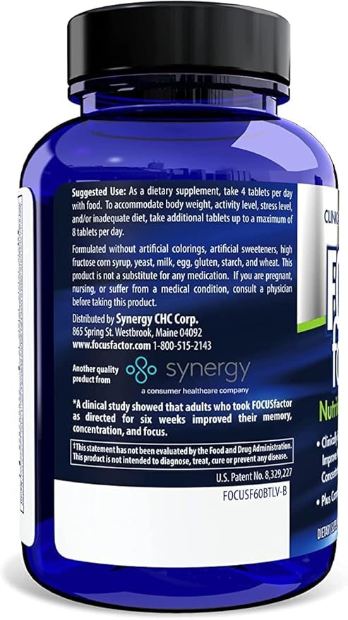 Focus Factor Nutrition for The Brain, Improved Memory & Concentration Brain Supplement, Complete Multivitamin with Vitamins B6, B12, D, Bacopa Monnieri & Tyrosine, 60 Count (Pack of 2)
