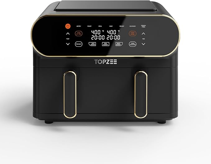 TOPZEE 11-QT Large Air Fryer, 8-in-1 XL Airfryer with Flex Basket, Divider for Dual Cooking, Preheat Air Fry, Roast, Broil, Bake, Reheat, Dehydrate, French Fries Dishwasher Safe, w/Gold Border