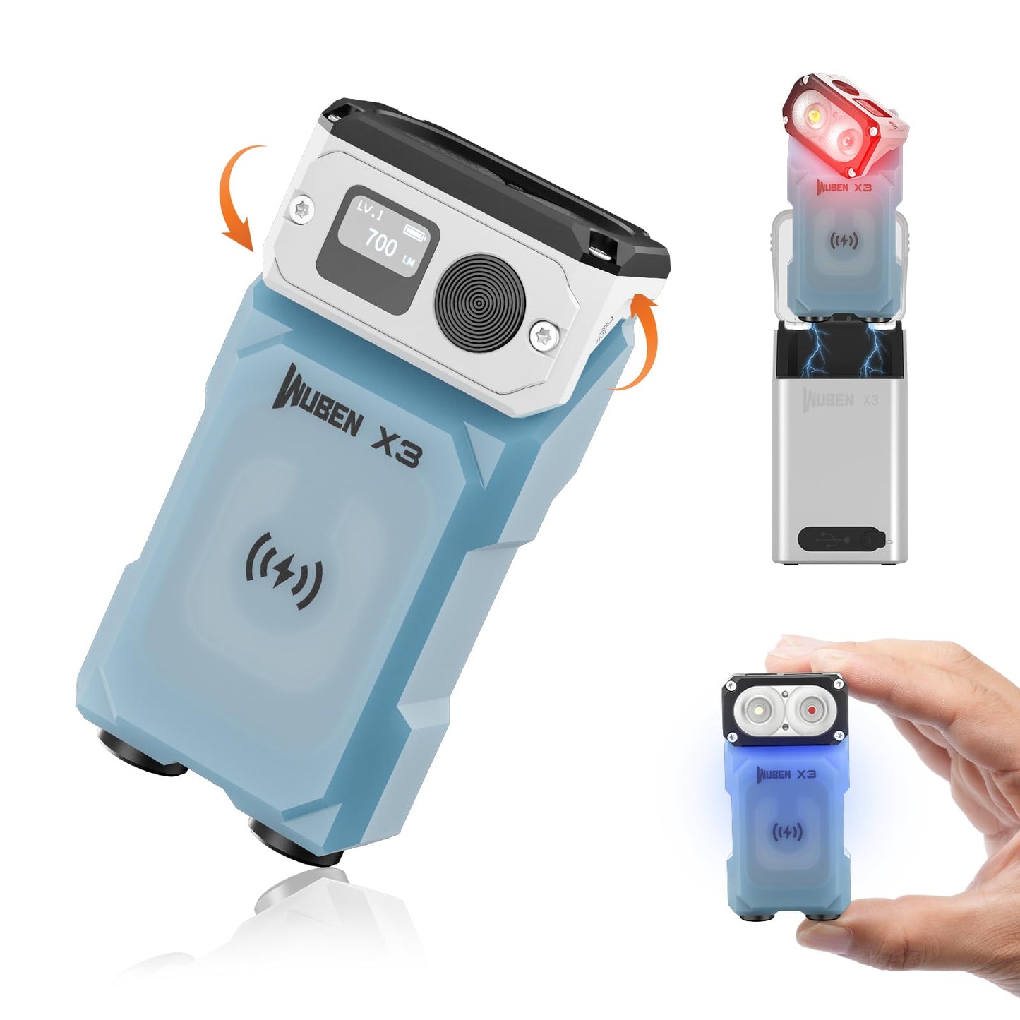 WUBEN X3 Mini Flashlight EDC Keychain 180? Twist Type-C Waterproof Blue Aluminum