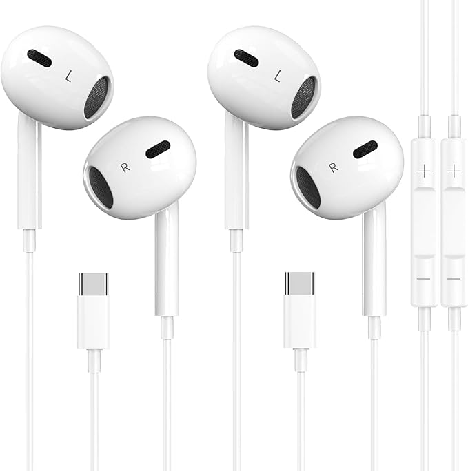 2 Pack-USB C Headphones for iPhone 17/16/15 Pro Max,Type C Earbuds Wired Earphones with Mic & Remote Control Noise Cancell...