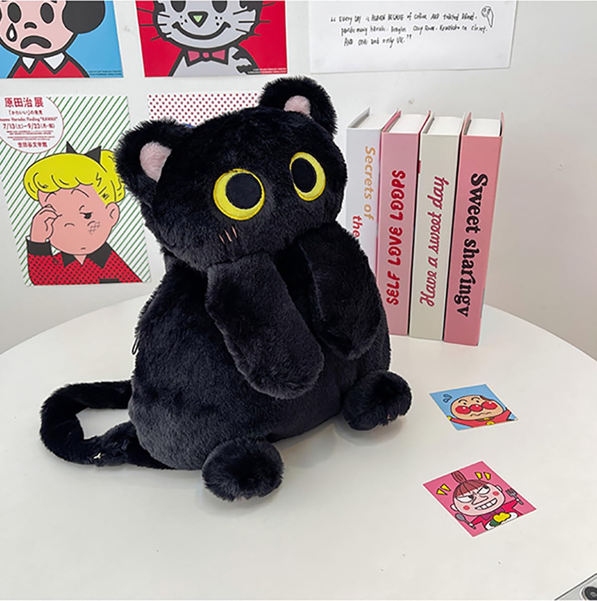 IYOOCSS Girls Black Cat Plush Backpack – Stuffed Animal Cat Bag with Adjustable Straps, Perfect for Birthday Travel & Gifts (Black Cat)