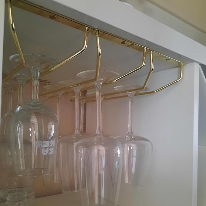 14-Inch Gold Wine Glass Rack, Under Cabinet Wine Glass Holder Stainless Steel Stemware Rack - Hanging Stemware Holder for Cabinet Kitchen Bar, Set of 2