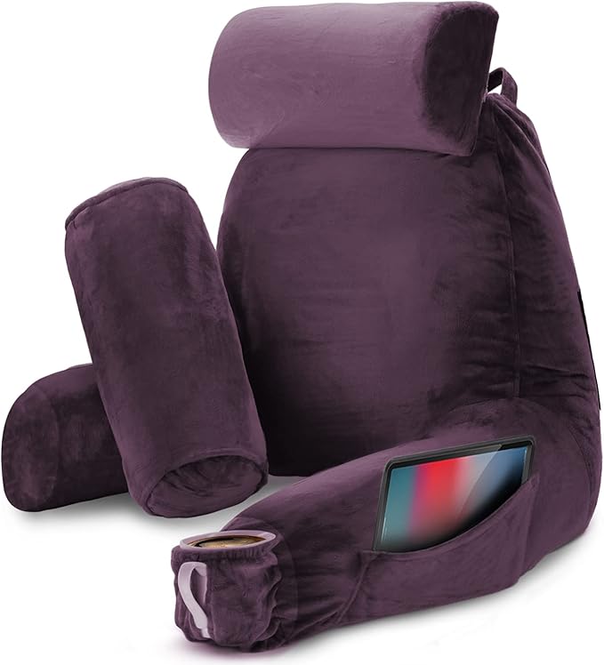 Nestl Reading Pillow Large Bed Pillow, Back Pillow for Sitting in Bed Shredded Memory Foam Chair Pillow, Reading & Bed Rest Pillows Purple Back Pillow for Bed, Bed Chair Arm Pillow with Pockets