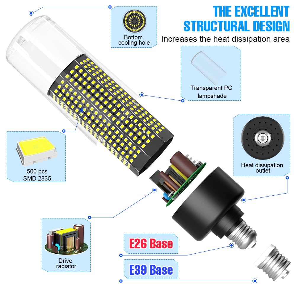800W Equivalent E26 Led Corn Light Bulb 500Leds 12350Lumen 6000K Daylight Super Bright E39 Mogul Base Lamp Bulbs 100-277V Outdoor Indoor Garage Warehouse Factory Large Area Commercial Lighting