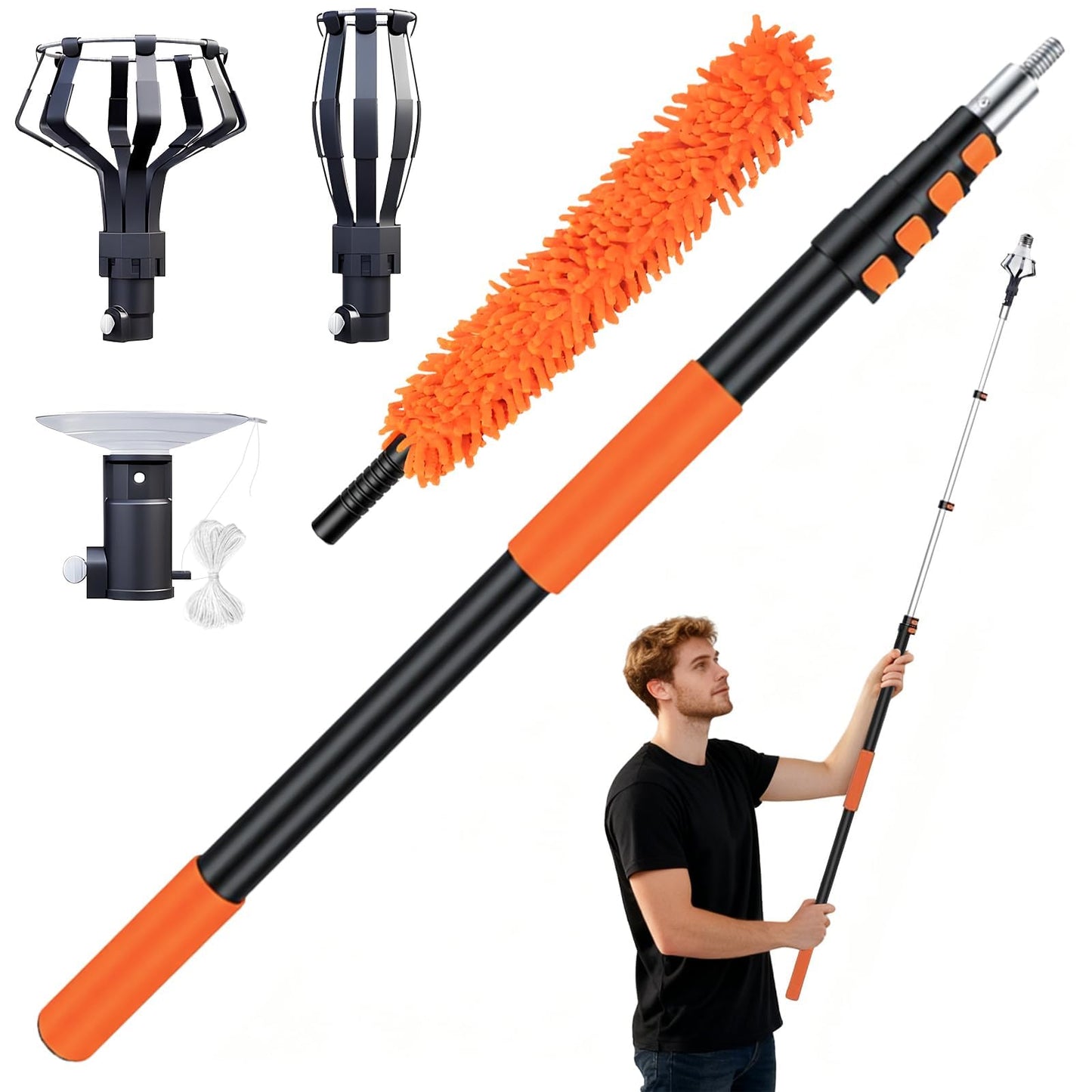 PMMJ Light Bulb Changer for High Ceilings with 26FT Reach, Telescopic Extension Pole for High Ceilings and Recessed Lights (5-20FT) with Baskets, Suction Cup and Duster