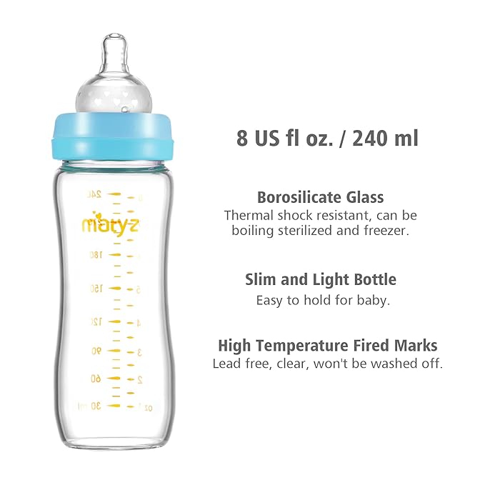 Matyz 8 Ounce Glass Baby Feeding Bottle with Nipple, Light and Slim, Easy to Hold, Food Grade Borosilicate Glass, Wide Neck Breastmilk Feeding Bottle, Easy to Clean, No BPA (Blue Lids)