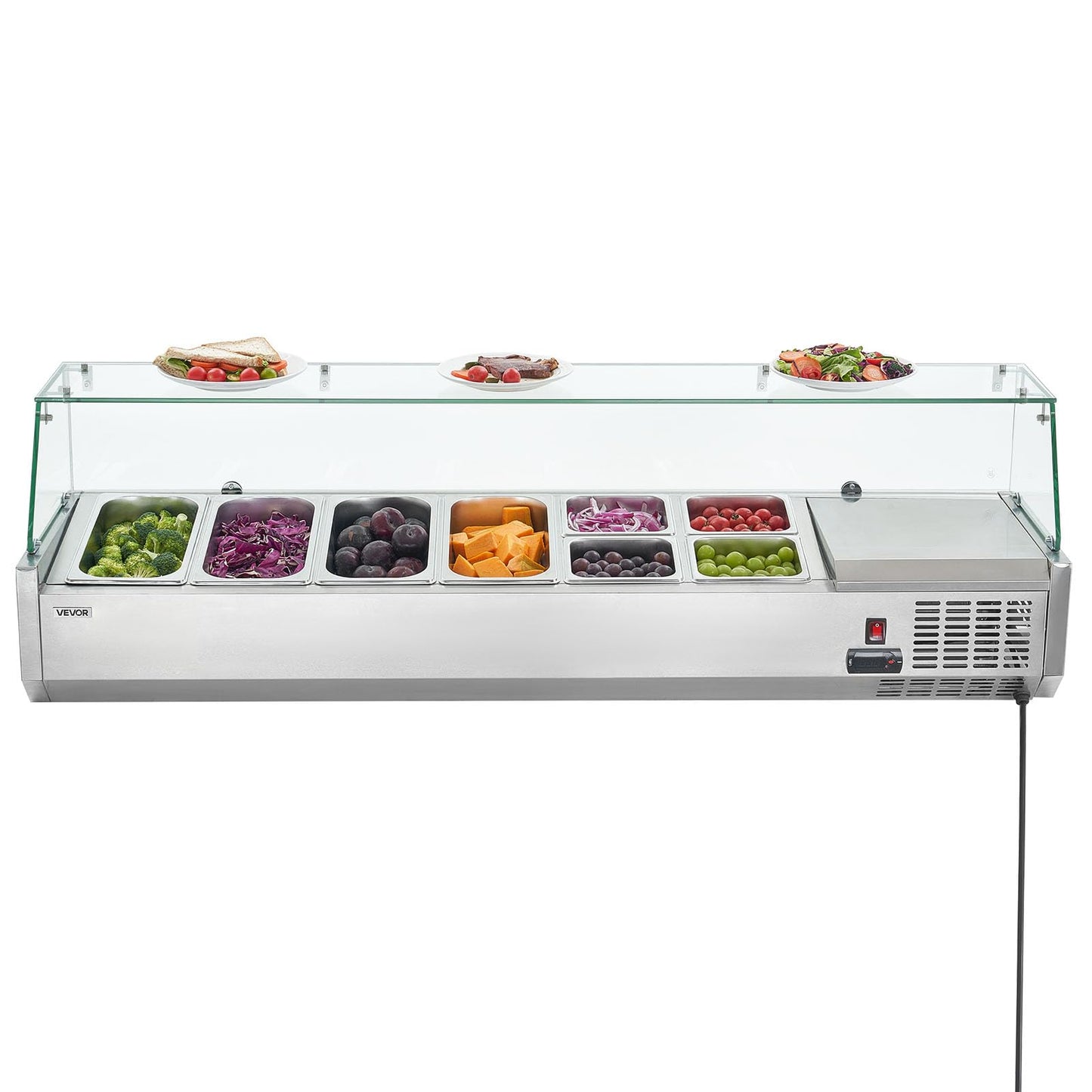 VEVOR Refrigerated Condiment Prep Station, 130 W Countertop Refrigerated Condiment Station, with Four 1/3 Pans & Four 1/6 Pans, 304 Stainless Body and PC Lid, Sandwich Prep Table with Glass Guard