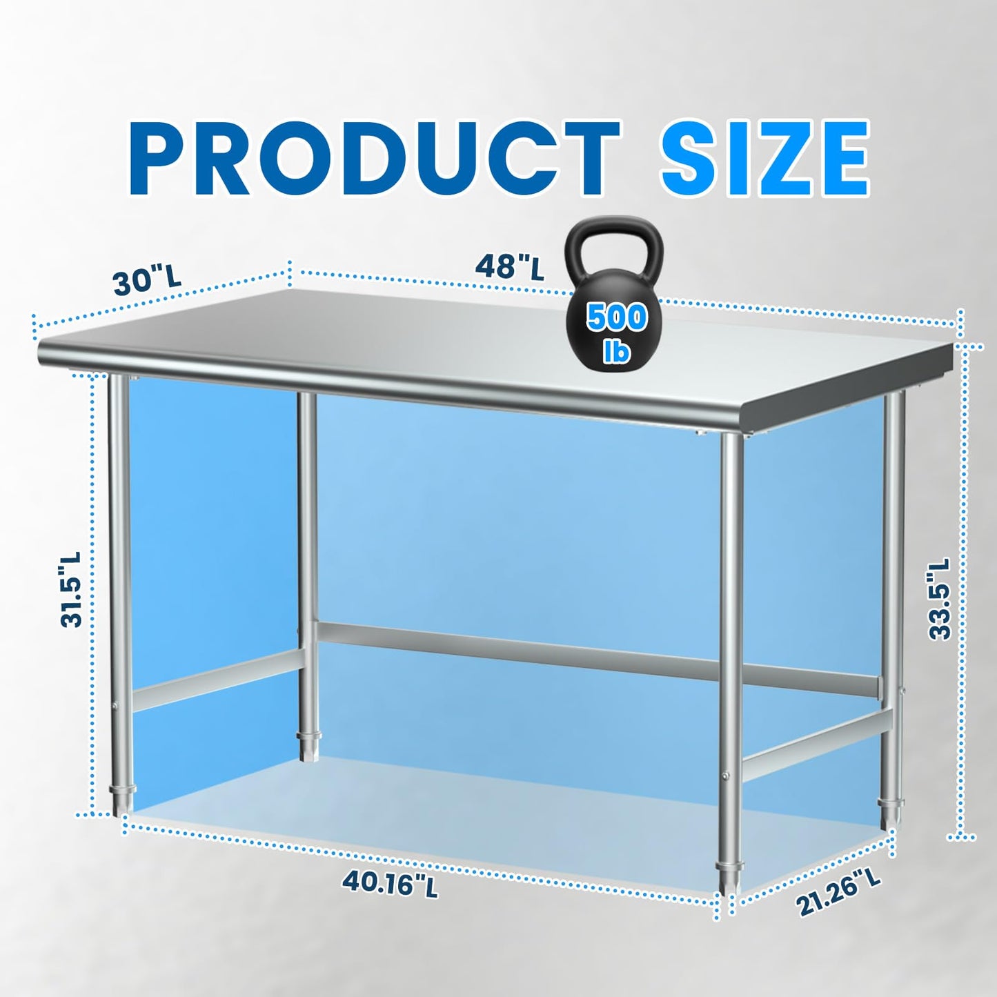 Treshin Open Base Stainless Steel Table 30" X 48", Commercial Heavy Duty Prep & Work Table for Kitchen, Restaurant, Home, Hotel, Laundry