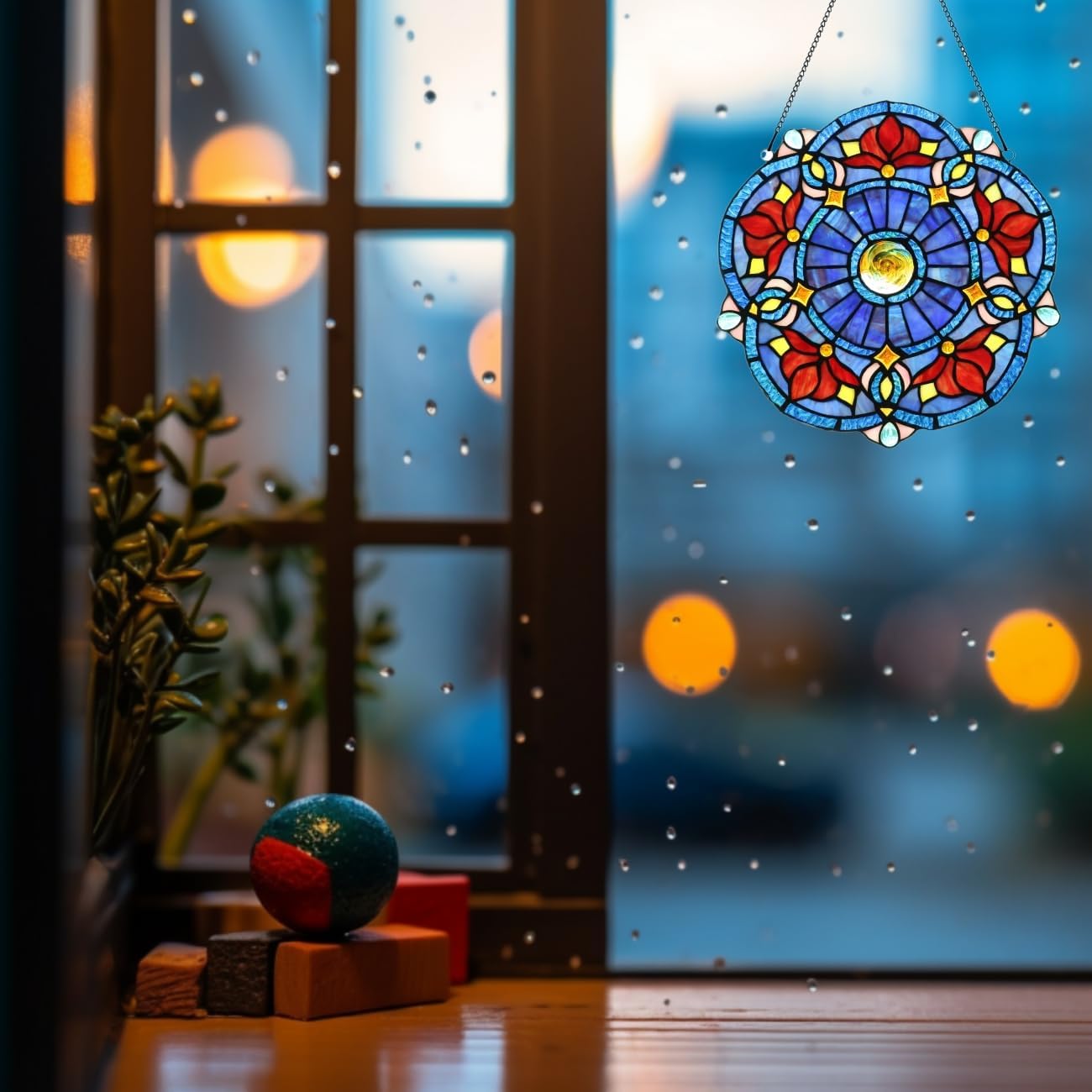 Victorian Style 12" Stained Glass Window Hangings Panel,Decorative Window Hanging Suncatcher, Blue and Red