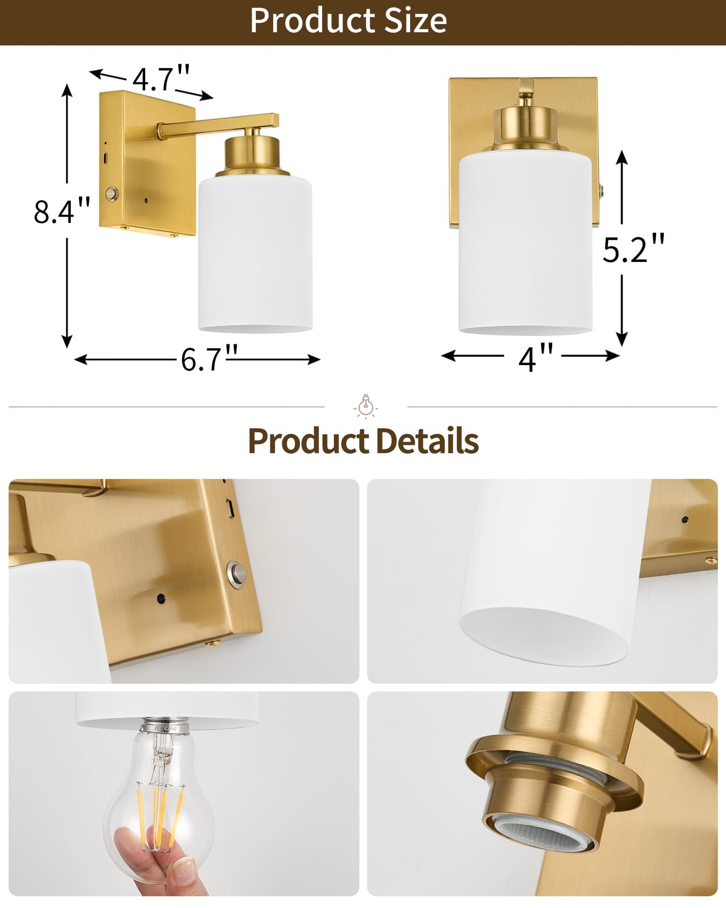 Rayogale Wireless Rechargeable Battery Wall Sconce Set of Two, Dimmable, Remote, 3000K, Gold with White Lampshade, Model WL-7112