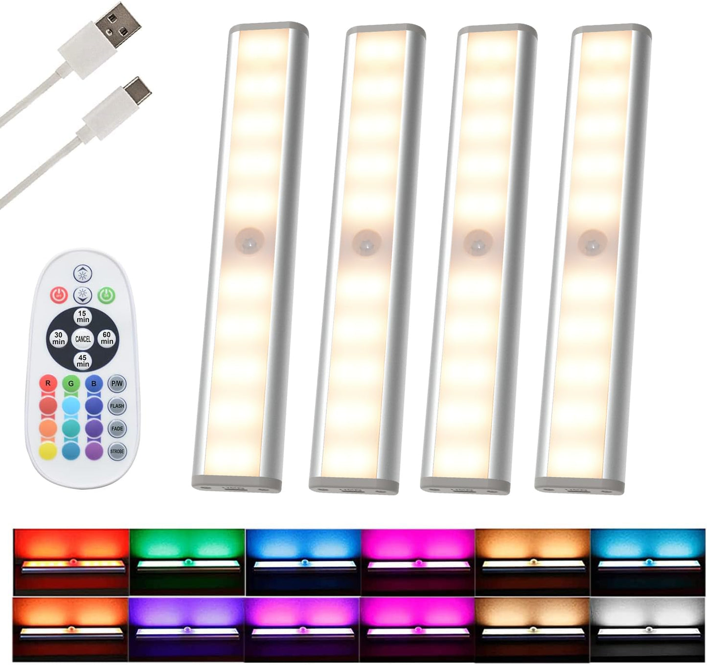 LDOPTO 48 LED Under Cabinet Lighting, Rechargeable RGB, 4 Pack, Remote Control, Multicolor, Model UF19-4PCS