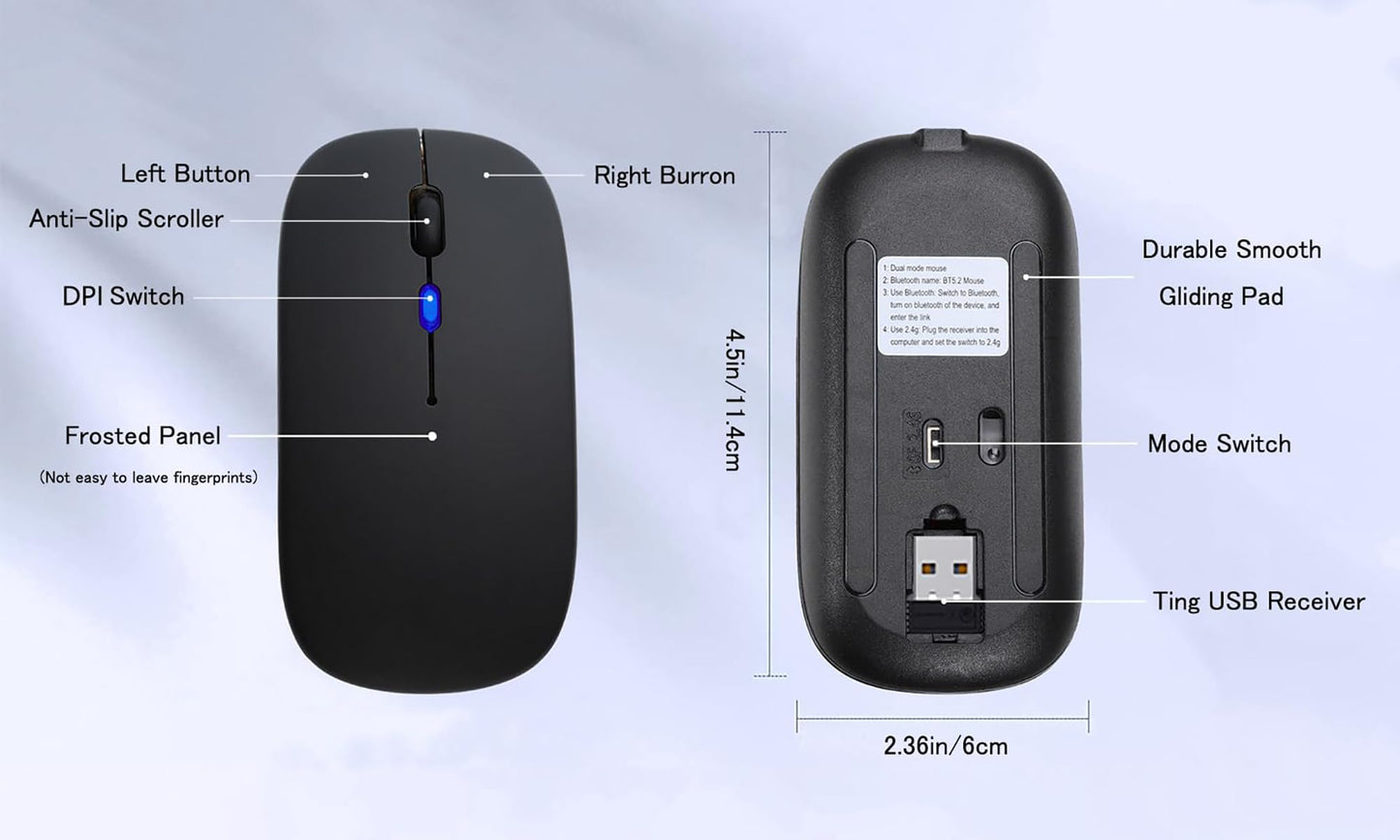 WREANU Wireless Bluetooth Mouse Rechargeable Laptop Mice with LED Lights Silent Slim Use(BT5.2 and 2.4G Portable USB Receiver)Dual Mode Computer Mouse for Laptop/iPad/Tablet/Apple/Computer/Mac(Black)