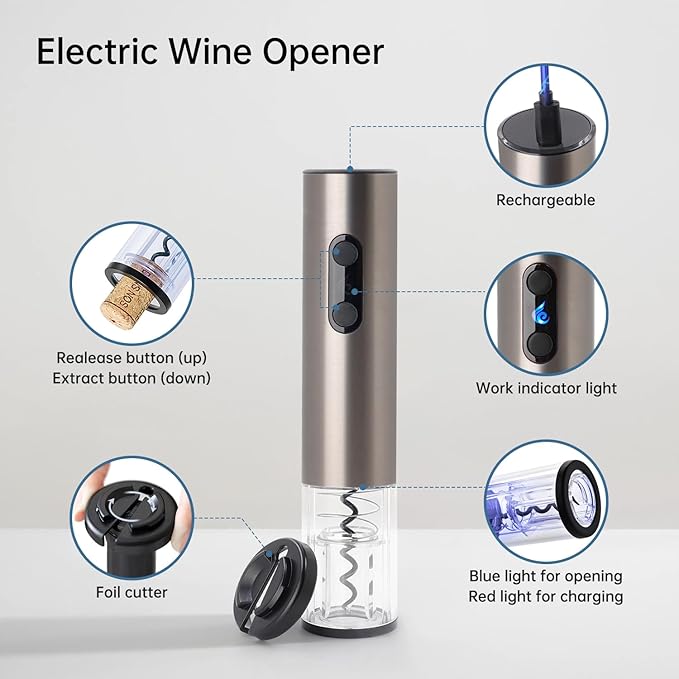 Rechargeable Wine Opener by ELMWAY, Electric Wine Bottle Opener with Foil Cutter, LED Light and Stainless Steel Shell, Cordless Corkscrew & Cork Remover, Gifts for Wine lover- Black