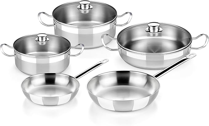 BRA COOKWARE Profesional 8-Piece Stainless Steel Cookware Set | Professional Pots & Pans Set | Kitchen Set w/ 2 Pots, 1 Sauté Pan, 2 Frying Pans, 3 Lids | All Heat Sources Compatible | PFOA Free