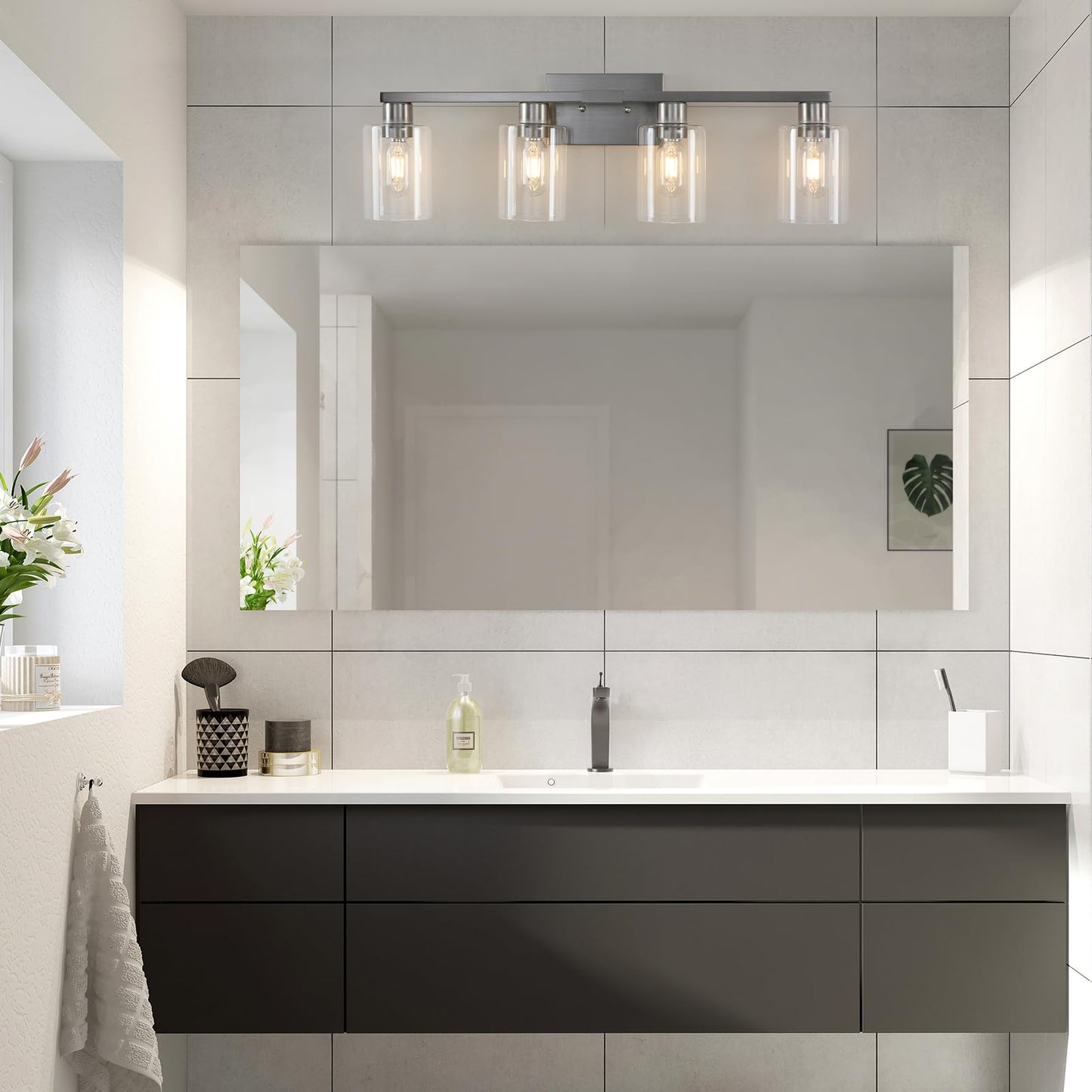 Sopeas 4 Light Bathroom Light Fixtures  Brushed Nickel Modern Bathroom Vanity Light With Clear Glass Shade  Bathroom Lighting Fixtures Over Mirror  Vanity Lights For Bathroom Mirror