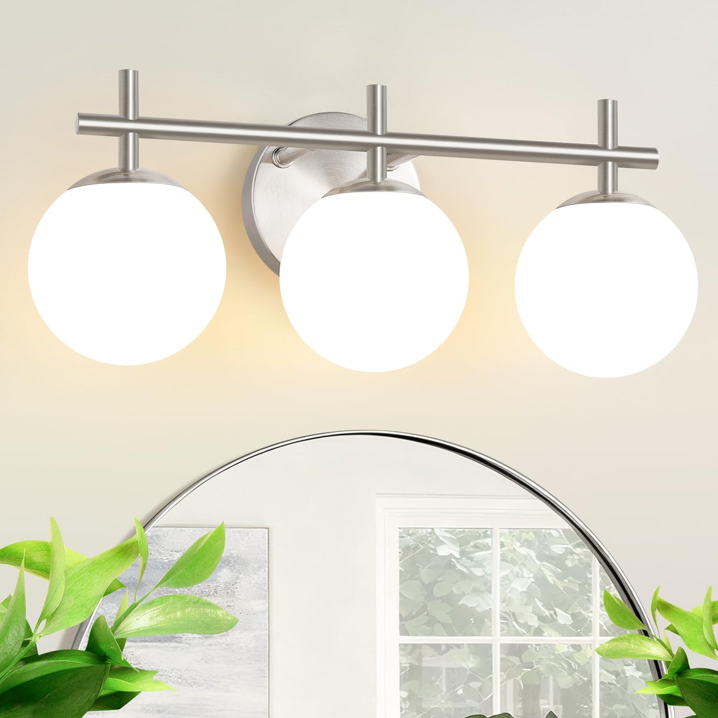 3-Light Bathroom Light Fixtures  Brushed Nickel Vanity Lights For Bathroom With Milky White Ball Shades  18.9 Inch Bathroom Lighting Fixtures Over Mirror  Wall Sconce For Bedroom (Bulb Not Included)
