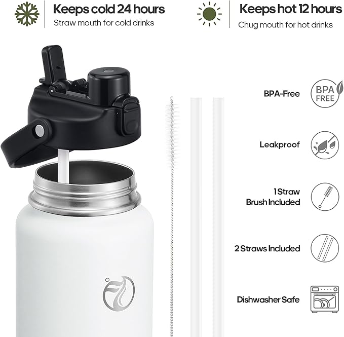 Half Gallon Insulated Water Bottle with 2-in-1 Lid (Chug Lid/Straw Lid), 40/64oz Double Walled Vacuum Stainless Steel Water Bottles, Water Jug with Straw