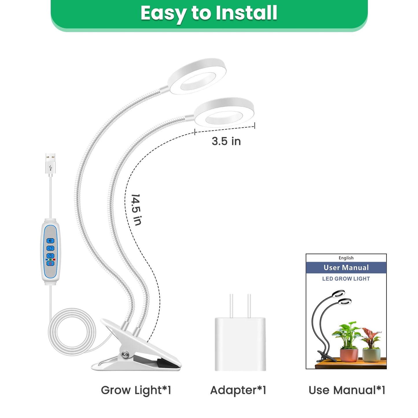 Wiaxulay Grow Lights For Indoor Plants  96 Led Full Spectrum Halo Plant Grow Light With Clamp  Clip On Grow Lamp With Auto Timer 6/12/16 Hrs  3 Lighting Mode  5 Brightness  Two Head  White (3.5In)