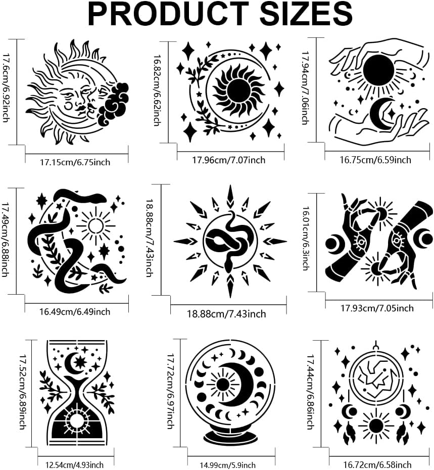 MAYJOYDIY 9pcs Sun and Moon Divination Stencil 7.8×7.8inch Divination Magic Stencils Moon Star Hands Crystal Ball Hourglass Drawing Template with Paint Brush for Art Crafts Canvas Furniture