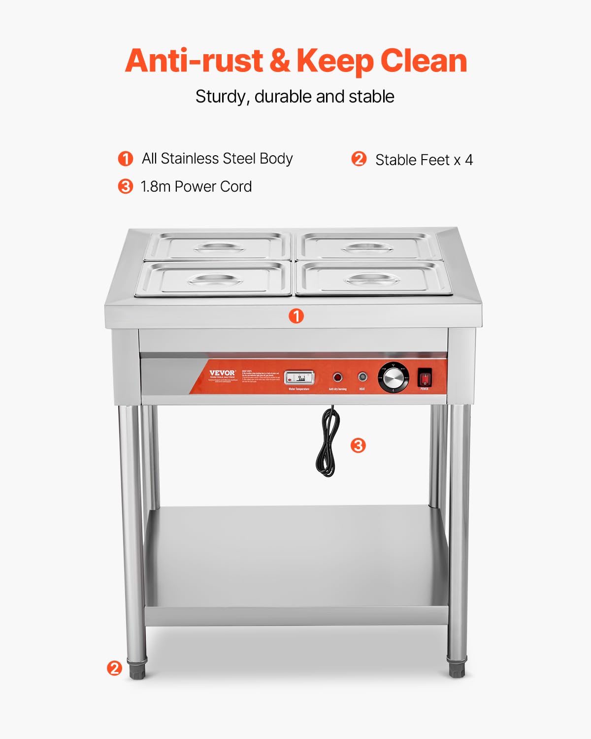 VEVOR 4-Pan Commercial Food Warmer, 4 x 1/2 Pans Electric Steam Table, 1500W Professional Buffet Catering Food Warmer with Undershelf, Stainless Steel Server for Restaurant Party Hotel