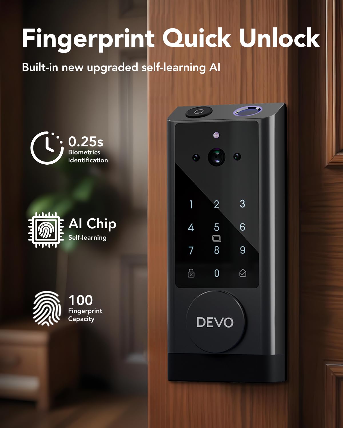 Devo G1 Video Smart Lock with Camera&Doorbell,App Remote Door Lock 6-in-1 Keyless Entry,Fingerprint ID,Auto Locks,Built-in Wi-Fi Smart Deadbolt for Front Door,Easy Install,Waterproof,BHMA Grade 3