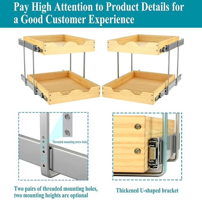 OCG 2 Tier Pull Out Cabinet Organizer (17"W x 21"D), Double Tier Slide out Wood Drawer Shelf, Pull Out Shelves for Base Cabinet Organization in Kitchen, Pantry, Bathroom