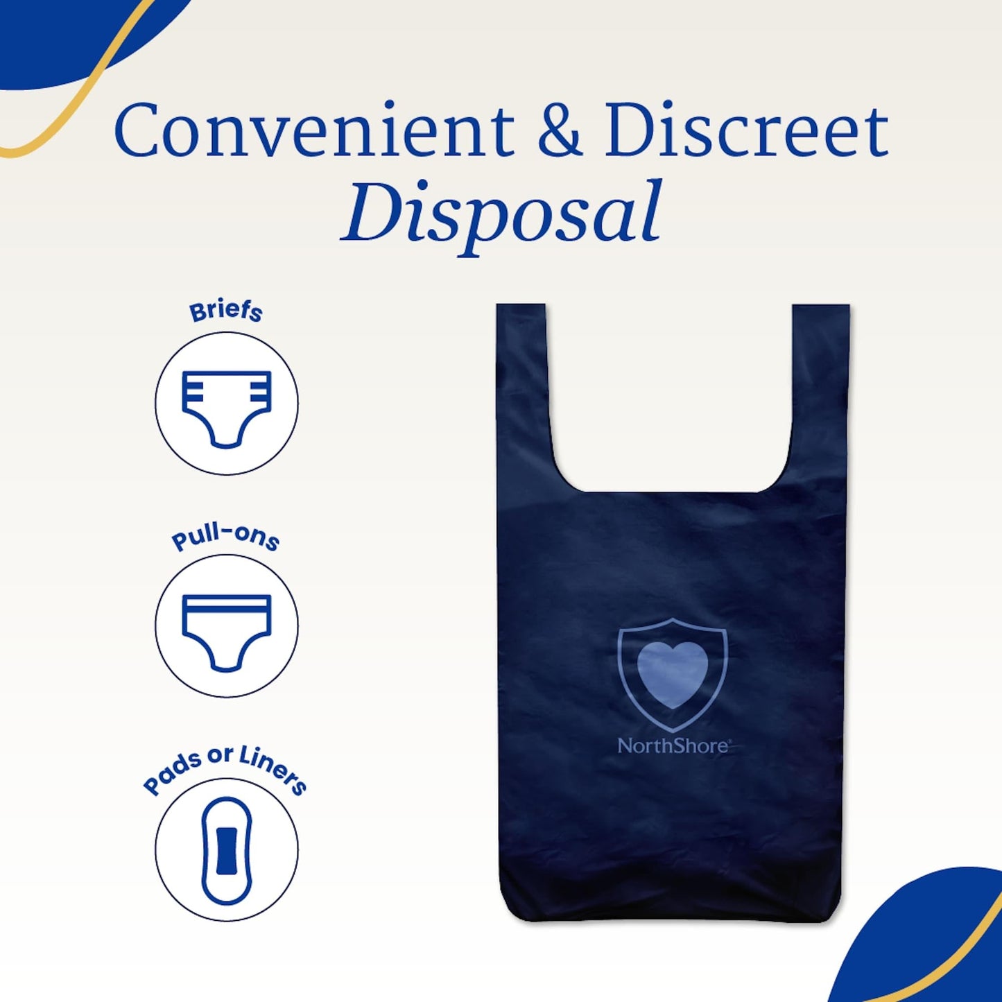 NorthShore DiscreetShield Disposal Bags for Adult Diapers, 150-Count, Opaque Navy, Scented, Easy-Tie Handles