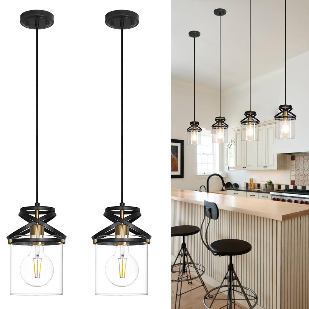 Black Kitchen Pendant Lighting Over Island  Modern Glass Pendant Lighting  Hanging Lights For Living Room Set Of 2  Pendant Lights Kitchen Island 2 Pack  Pendant Lamp For Dining Room  Hallway  Sink
