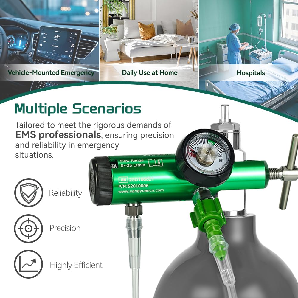 Oxygen Regulator EMS Professional Grade CGA870, 0-25 LPM with Gauge, Dual Outlet (Check Valve & Barb), Brass Sleeve Design, Includes Wrench, Oxygen Tubing Swivel Nipple and 5 Brass Yoke Washer Seals