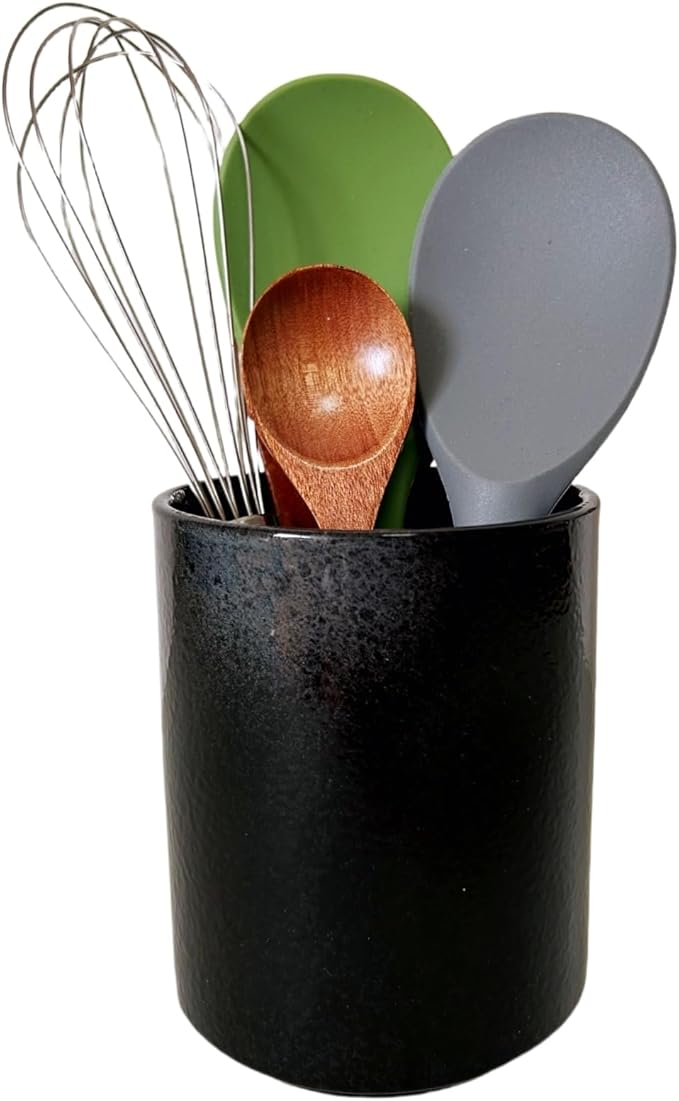 Short Kitchen Utensil Holder for Kitchen Counter Cooking Utensil Holder for Countertop Spatula Holder Small Utensil Crock Cutlery Holder Silverware Caddy Flower Vase (Retro Black)