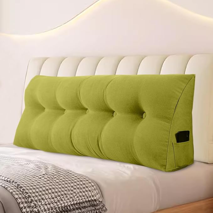 Large Triangular Headboard Pillows Long Backrest Positioning Support Bolster Cushion for Daybed Fluffy Quality Plush Body Wedge Pillow with Removable Cover(Yellow Green-Full-54x8x20in)